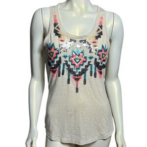White Tank with Southwestern Sequin Design Pink Blue Aztec Pattern Sleeveless M